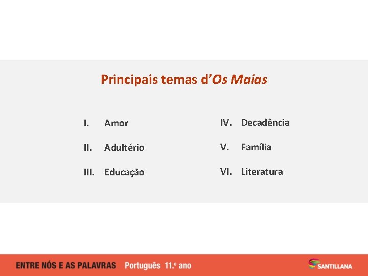 Principais temas d’Os Maias I. Amor IV. Decadência II. Adultério V. III. Educação Família Principais temas d’Os Maias I. Amor IV. Decadência II. Adultério V. III. Educação Família