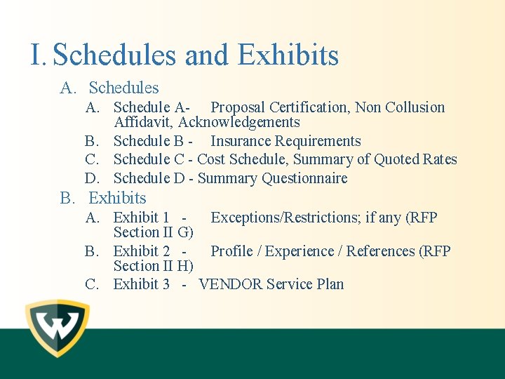 I. Schedules and Exhibits A. Schedule A- Proposal Certification, Non Collusion Affidavit, Acknowledgements B.