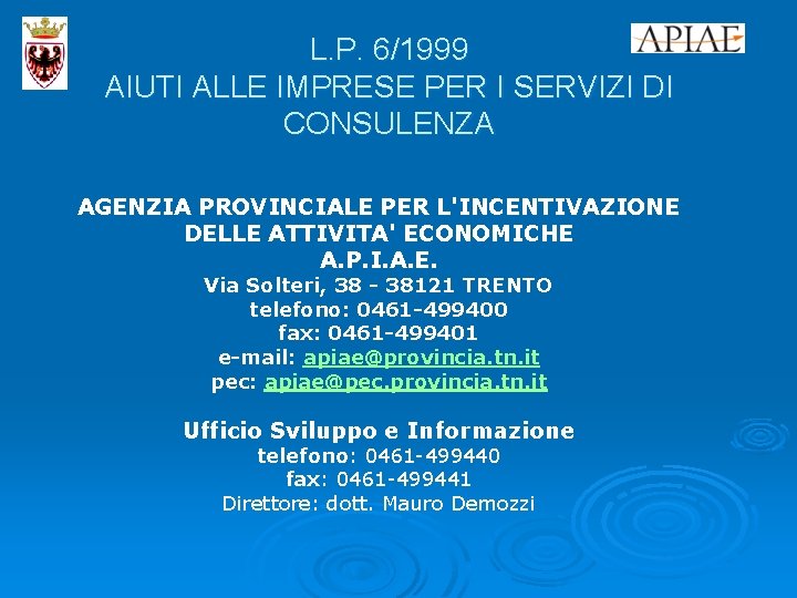 L. P. 6/1999 AIUTI ALLE IMPRESE PER I SERVIZI DI CONSULENZA AGENZIA PROVINCIALE PER