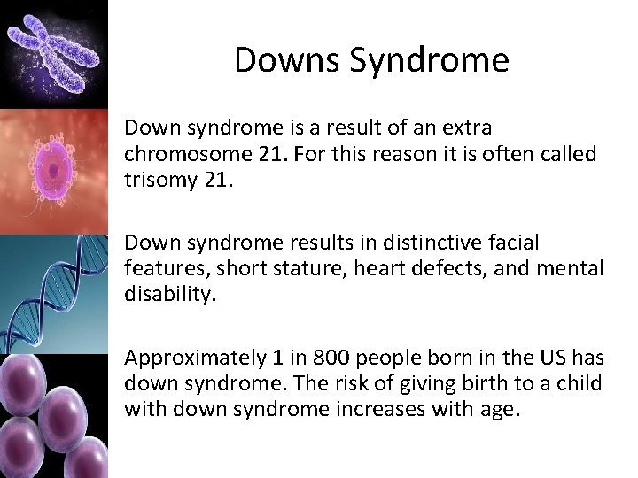 Downs Syndrome Down syndrome is a result of an extra chromosome 21. For this