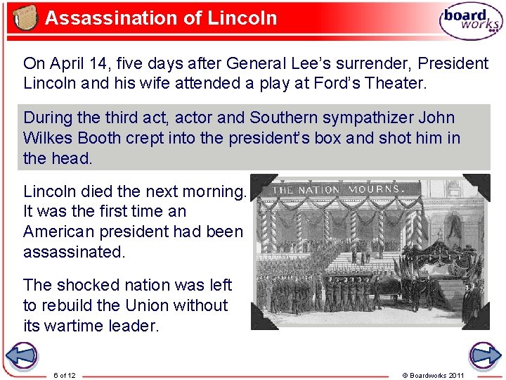 Assassination of Lincoln On April 14, five days after General Lee’s surrender, President Lincoln