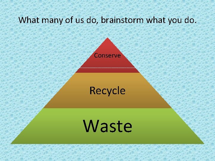 What many of us do, brainstorm what you do. Conserve Recycle Waste 