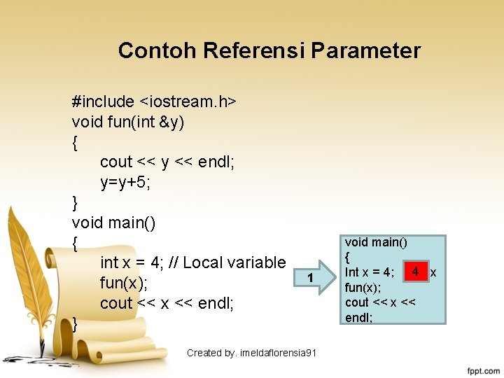 Contoh Referensi Parameter #include <iostream. h> void fun(int &y) { cout << y <<