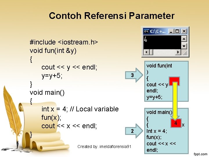 Contoh Referensi Parameter #include <iostream. h> void fun(int &y) { cout << y <<