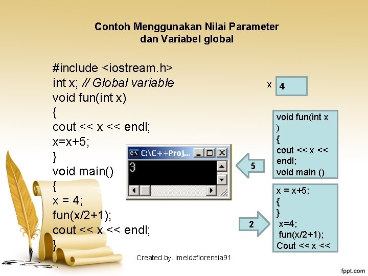 Contoh Menggunakan Nilai Parameter dan Variabel global #include <iostream. h> int x; // Global