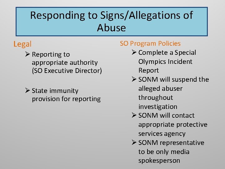 Responding to Signs/Allegations of Abuse Legal Ø Reporting to appropriate authority (SO Executive Director)