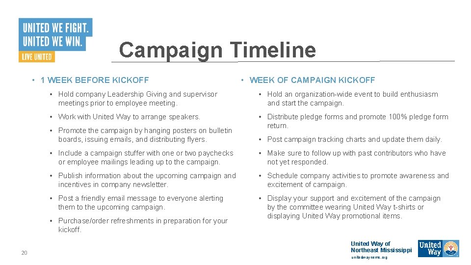 Campaign Timeline • 1 WEEK BEFORE KICKOFF • Hold company Leadership Giving and supervisor Campaign Timeline • 1 WEEK BEFORE KICKOFF • Hold company Leadership Giving and supervisor