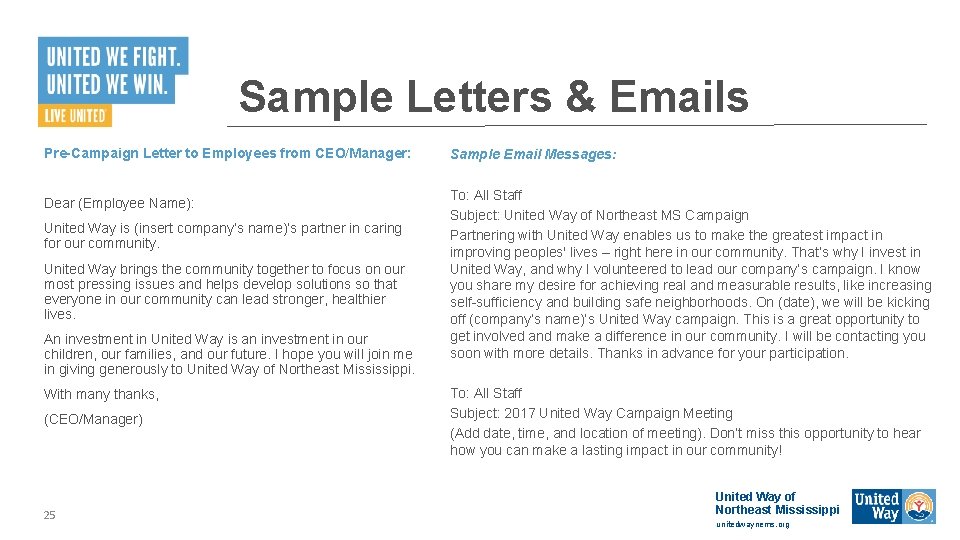 Sample Letters & Emails Pre-Campaign Letter to Employees from CEO/Manager: Dear (Employee Name): United Sample Letters & Emails Pre-Campaign Letter to Employees from CEO/Manager: Dear (Employee Name): United