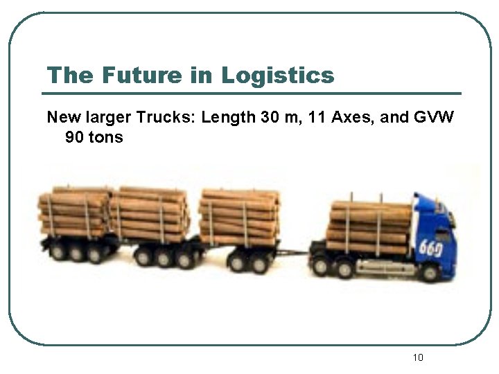 The Future in Logistics New larger Trucks: Length 30 m, 11 Axes, and GVW