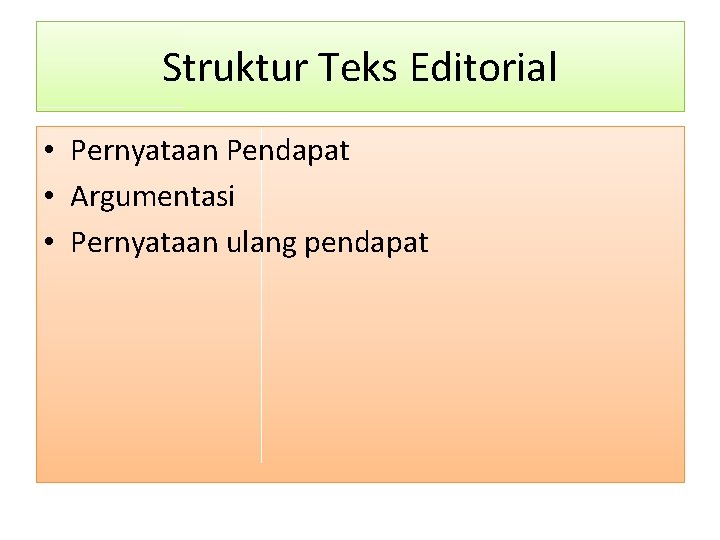 Struktur Teks Editorial • Pernyataan Pendapat • Argumentasi • Pernyataan ulang pendapat 