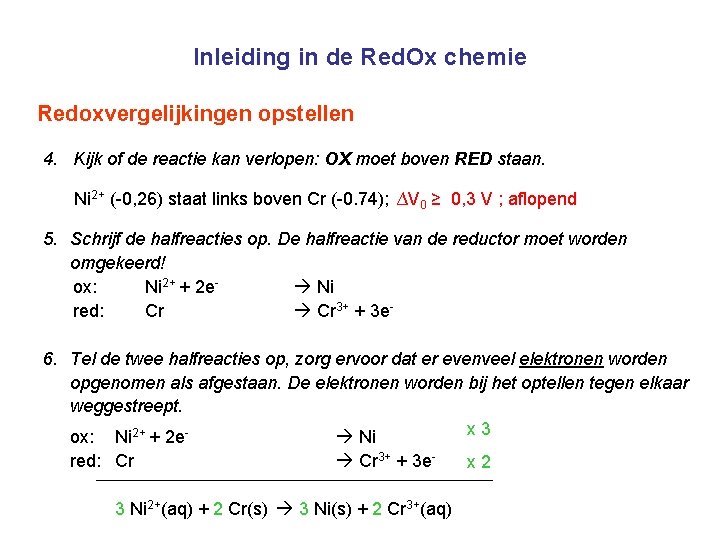 Inleiding in de Red. Ox chemie Redoxvergelijkingen opstellen 4. Kijk of de reactie kan