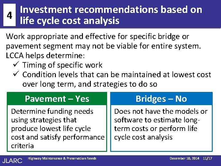 Investment recommendations based on 4 life cycle cost analysis Work appropriate and effective for