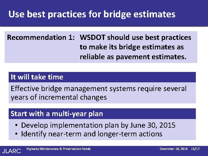 Use best practices for bridge estimates Recommendation 1: WSDOT should use best practices to