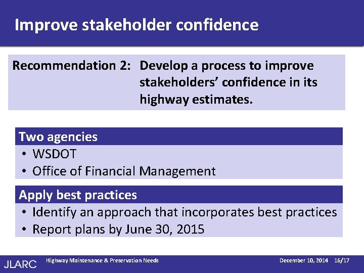 Improve stakeholder confidence Recommendation 2: Develop a process to improve stakeholders’ confidence in its