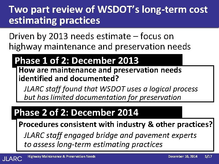 Two part review of WSDOT’s long-term cost estimating practices Driven by 2013 needs estimate