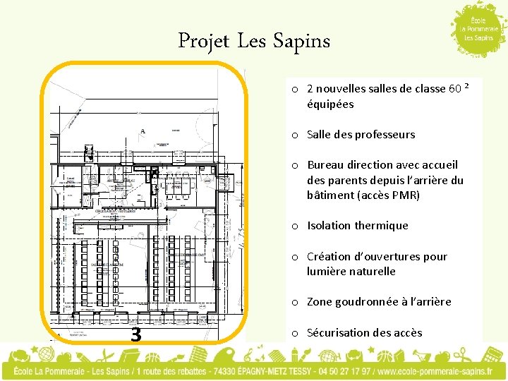 Projet Les Sapins o 2 nouvelles salles de classe 60 ² équipées o Salle