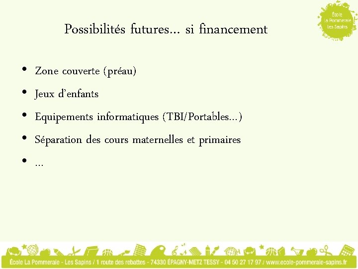 Possibilités futures… si financement • • • Zone couverte (préau) Jeux d’enfants Equipements informatiques