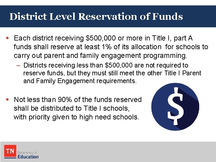 District Level Reservation of Funds § Each district receiving $500, 000 or more in