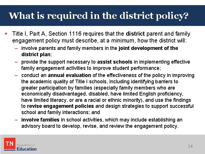 What is required in the district policy? § Title I, Part A, Section 1116