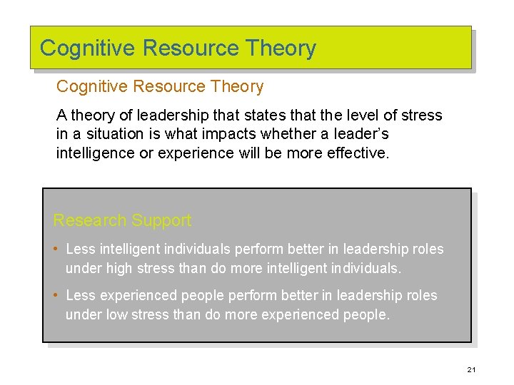 Cognitive Resource Theory A theory of leadership that states that the level of stress