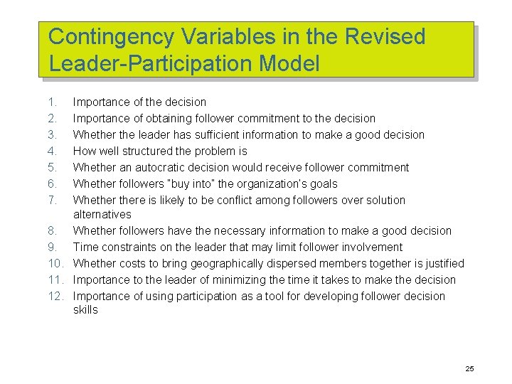 Contingency Variables in the Revised Leader-Participation Model 1. 2. 3. 4. 5. 6. 7.