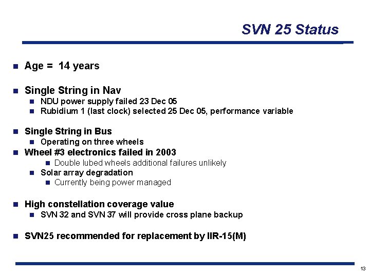 SVN 25 Status n Age = 14 years n Single String in Nav n