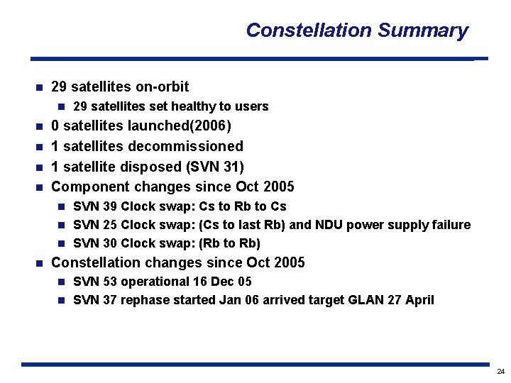 Constellation Summary n 29 satellites on-orbit n 29 satellites set healthy to users 0