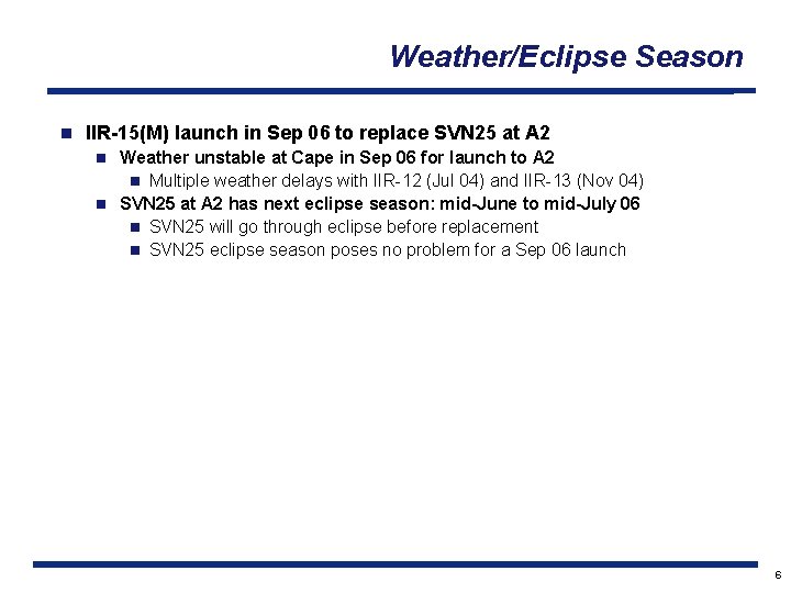 Weather/Eclipse Season n IIR-15(M) launch in Sep 06 to replace SVN 25 at A