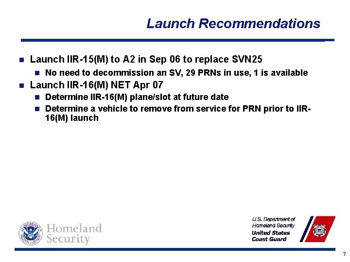 Launch Recommendations n Launch IIR-15(M) to A 2 in Sep 06 to replace SVN