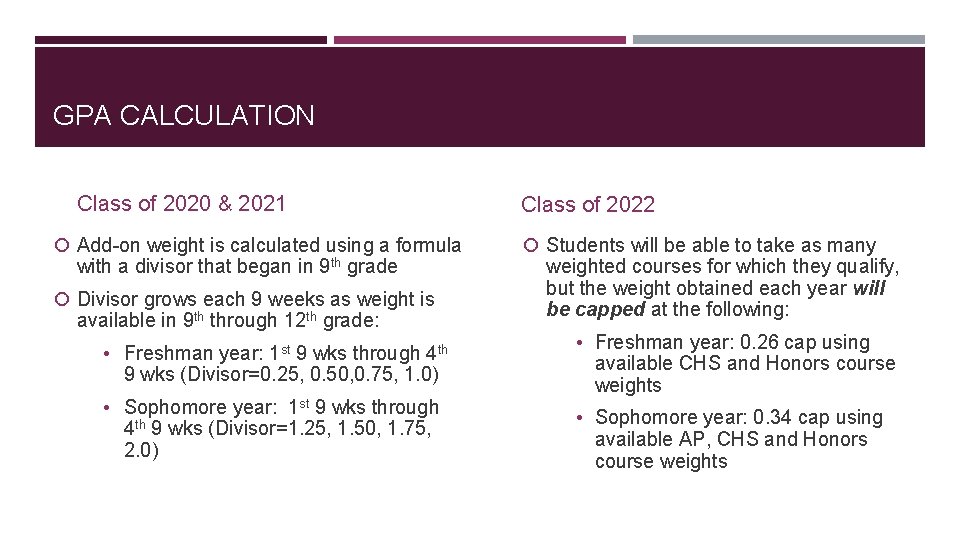 GPA CALCULATION Class of 2020 & 2021 Add-on weight is calculated using a formula