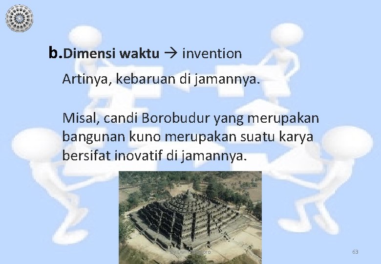 b. Dimensi waktu invention Artinya, kebaruan di jamannya. Misal, candi Borobudur yang merupakan bangunan