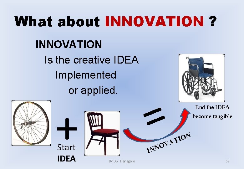 What about INNOVATION ? INNOVATION Is the creative IDEA Implemented or applied. + Start