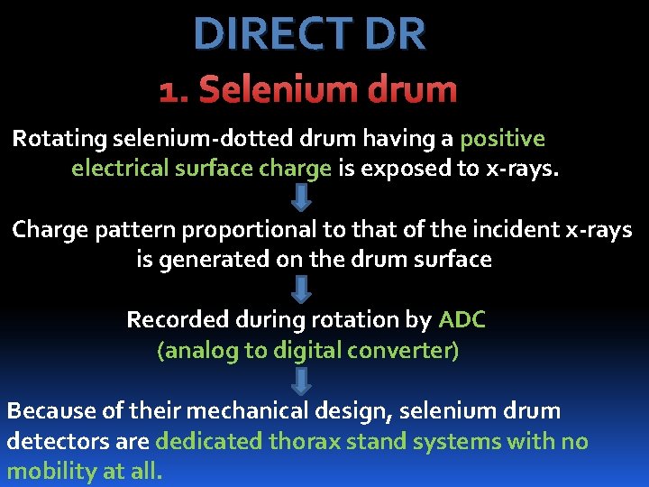 DIRECT DR 1. Selenium drum Rotating selenium-dotted drum having a positive electrical surface charge