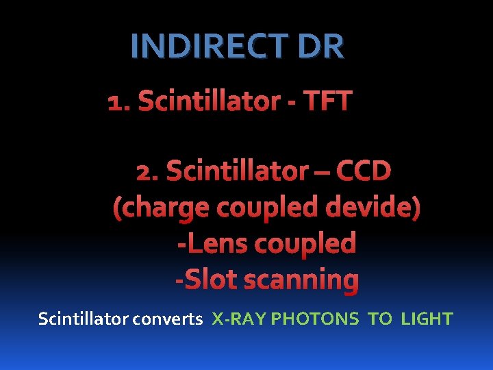 INDIRECT DR 1. Scintillator - TFT 2. Scintillator – CCD (charge coupled devide) -Lens