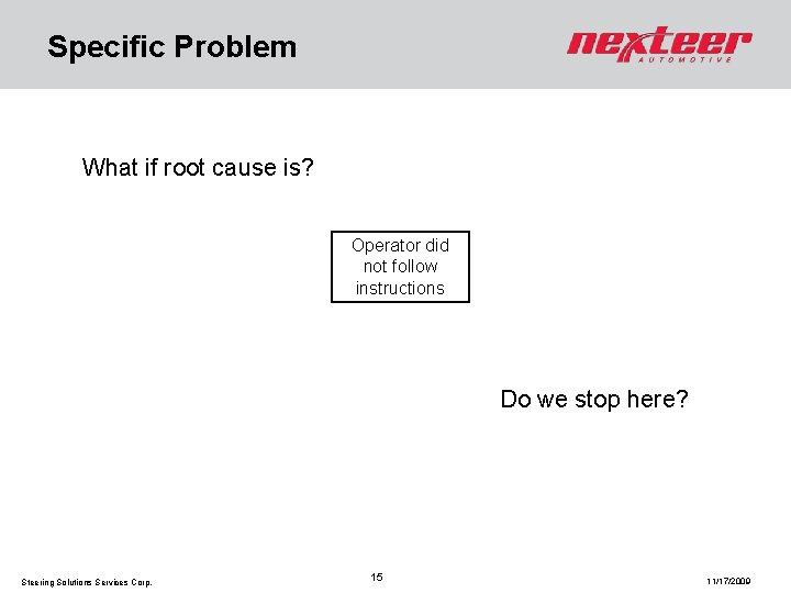 Specific Problem What if root cause is? Operator did not follow instructions Do we