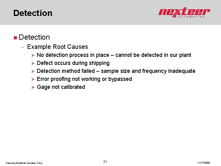 Detection n Detection - Example Root Causes No detection process in place – cannot
