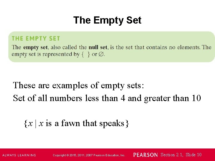 The Empty Set These are examples of empty sets: Set of all numbers less