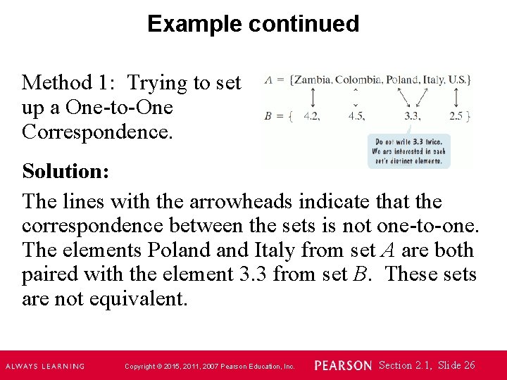 Example continued Method 1: Trying to set up a One-to-One Correspondence. Solution: The lines