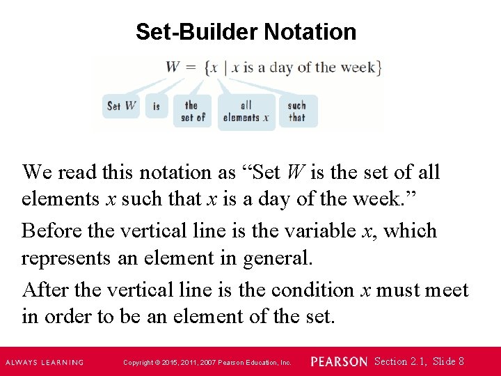 Set-Builder Notation We read this notation as “Set W is the set of all
