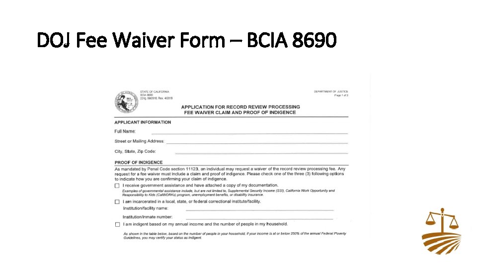 DOJ Fee Waiver Form – BCIA 8690 