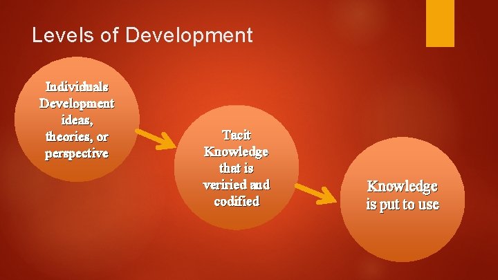 Levels of Development Individuals Development ideas, theories, or perspective Tacit Knowledge that is veriried