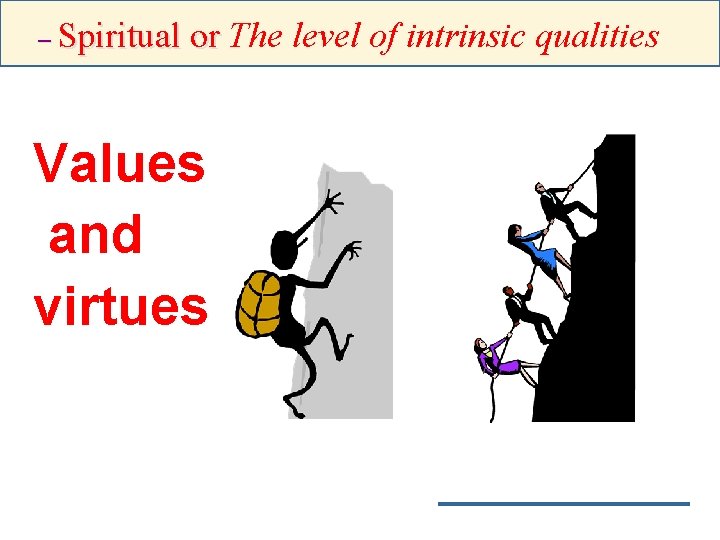 – Spiritual or The level of intrinsic qualities Values and virtues 