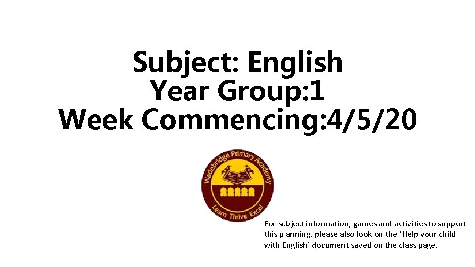 Subject: English Year Group: 1 Week Commencing: 4/5/20 For subject information, games and activities
