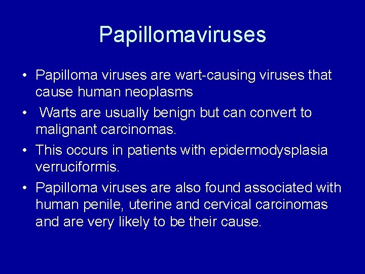 Papillomaviruses • Papilloma viruses are wart-causing viruses that cause human neoplasms • Warts are