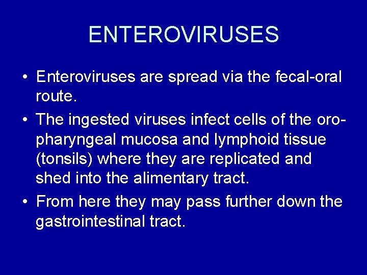 ENTEROVIRUSES • Enteroviruses are spread via the fecal-oral route. • The ingested viruses infect