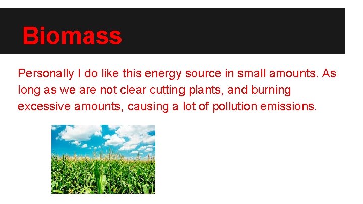 Biomass Personally I do like this energy source in small amounts. As long as