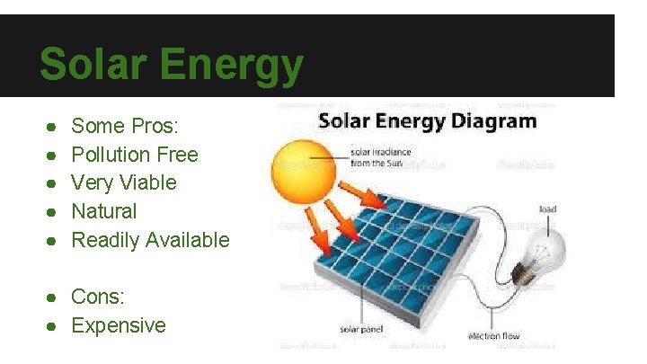 Solar Energy ● ● ● Some Pros: Pollution Free Very Viable Natural Readily Available