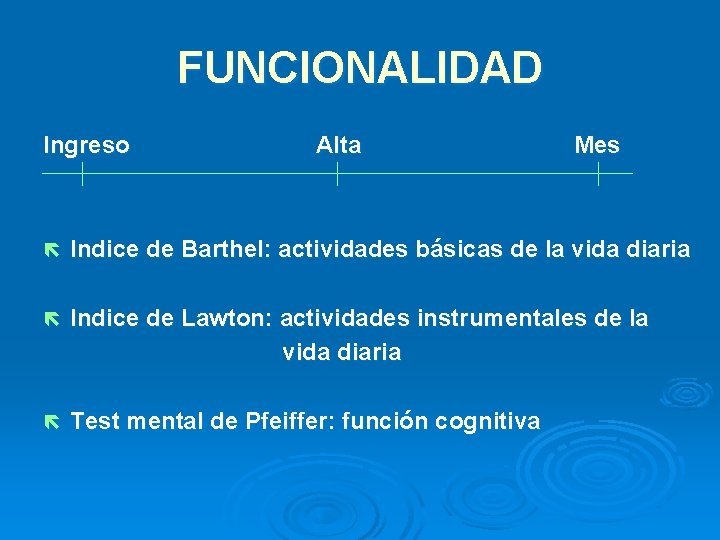 FUNCIONALIDAD Ingreso Alta Mes ë Indice de Barthel: actividades básicas de la vida diaria