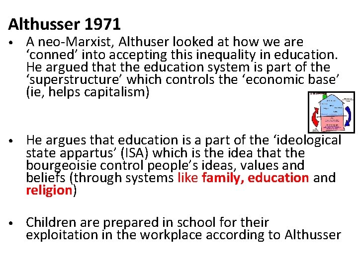 Althusser 1971 • A neo-Marxist, Althuser looked at how we are ‘conned’ into accepting