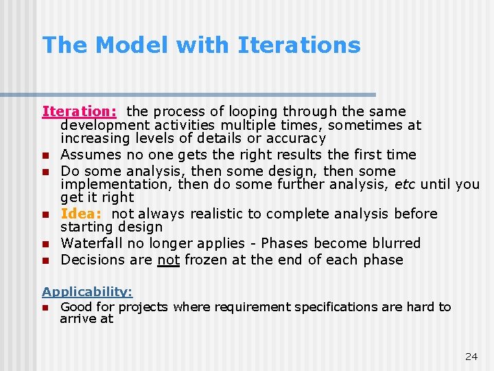 The Model with Iterations Iteration: the process of looping through the same development activities The Model with Iterations Iteration: the process of looping through the same development activities